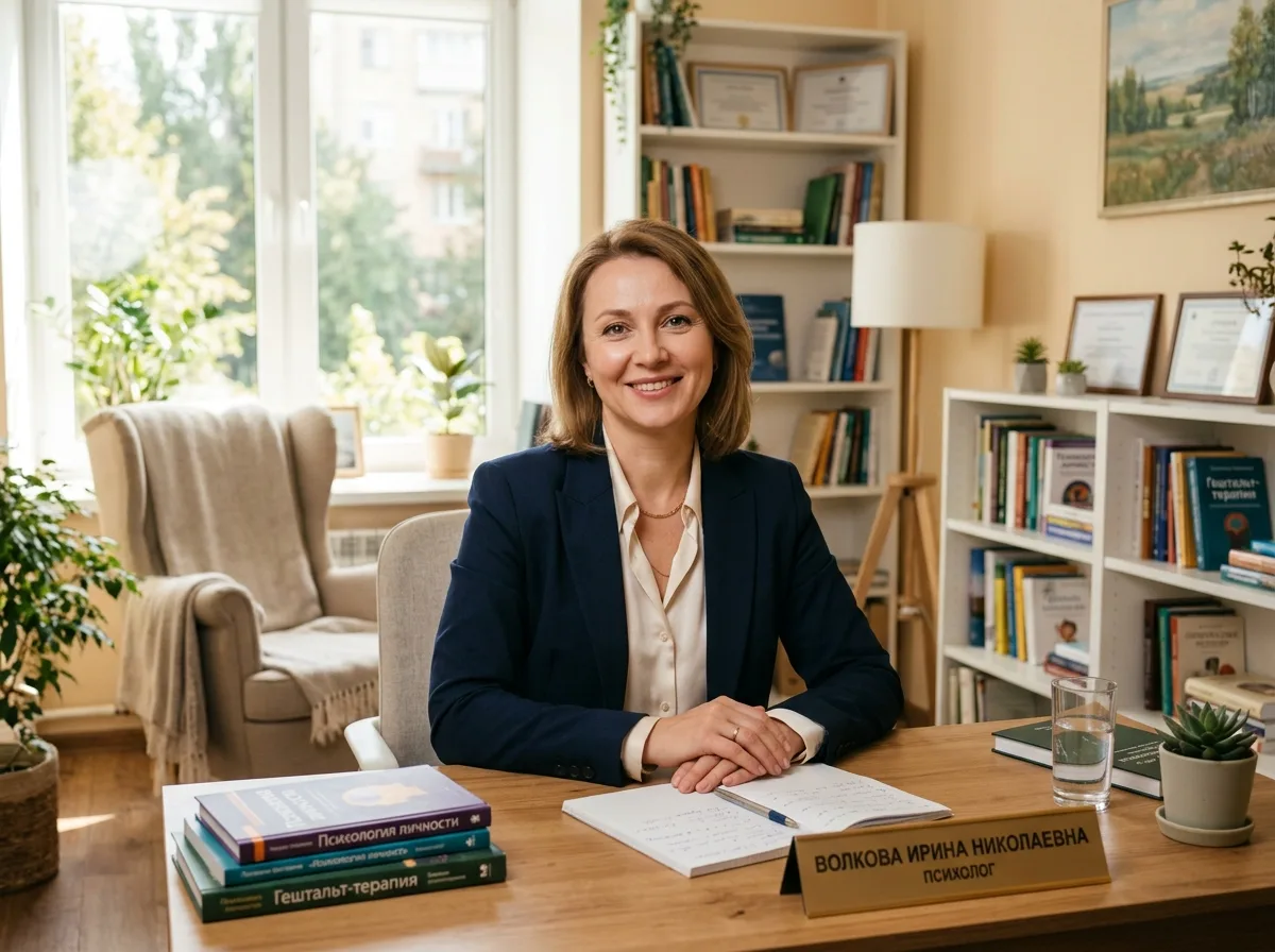 Психолог Волкова Ирина Николаевна, женщина около 45 лет, в деловом костюме, тёплый доверительный портрет, светлый офис