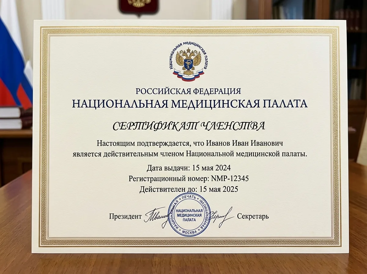 Сертификат членства в Национальной медицинской палате России, официальный красивый документ с логотипом организации